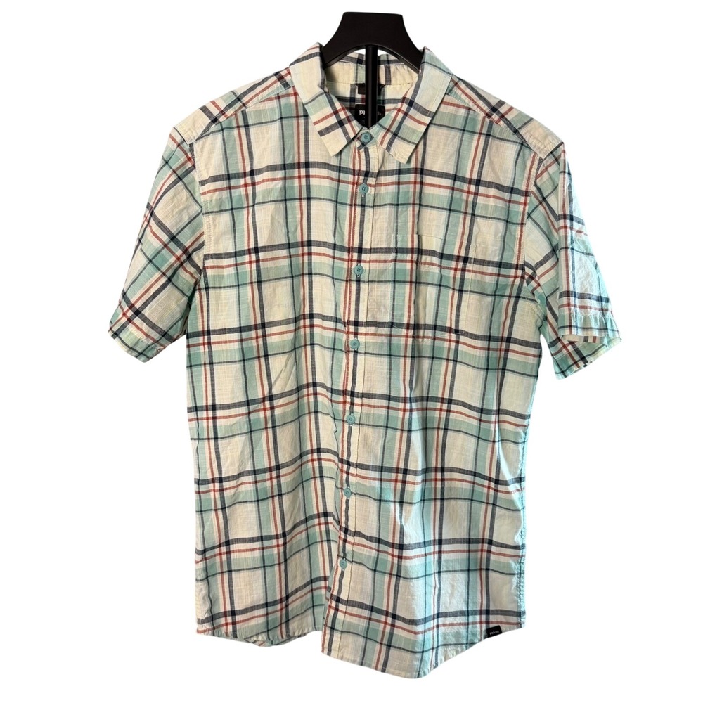 Prana Slim Fit Plaid Short‎ Sleeve Button Down Shirt Mens Large Blue Rust Check